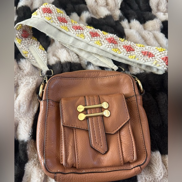 Handbags - Leather Crossbody Bag with Decorative Beaded Strap - Brown